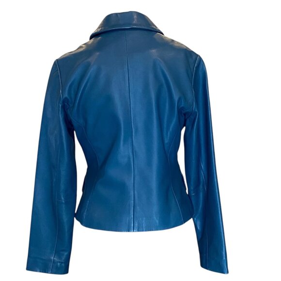 Margaret Godfrey 100% Genuine Leather Jacket Sz 8 Petite Teal Blue 287L - Picture 4 of 7